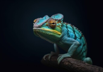 Obraz premium Closeup portrait of cute, colorful and funny chameleon on a tree branch with dark background. For poster, banner, marketing use