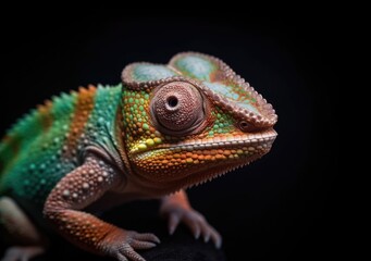 Fototapeta premium Closeup portrait of cute, colorful and funny chameleon on dark background. For poster, banner, marketing use