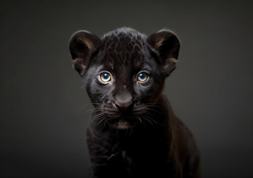 Portrait of a young black panther, leopard on dark background. Ideal for banner, copy-space, illustration, marketing, poster, wallpaper, children's book