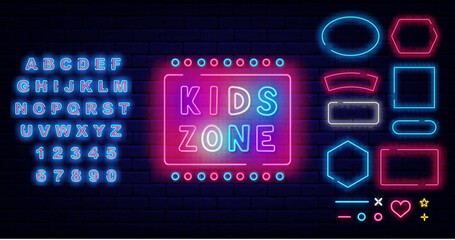Kids zone neon label. Play room. Simple signboard. Glowing advertising. Shiny blue alphabet. Vector illustration