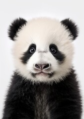 Fototapeta premium Closeup of a young panda looking into camera, an illustration of a cute fluffy, loveable animals in white background 