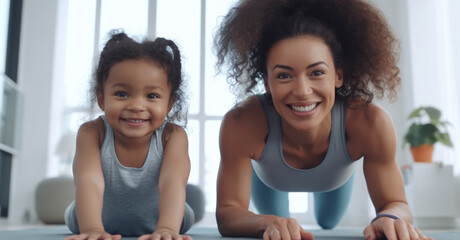 Fitness and strength training, happy mom and daughter exercise concept