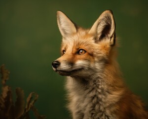 Fototapeta premium Portrait of a young fox on green backgoround, an illustration of cute wild animals. Ideal for poster, banner, illustration book, children's book, photo book, kindergarten