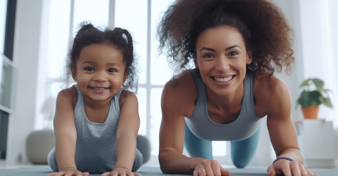 Fitness and strength training, happy mom and daughter exercise concept