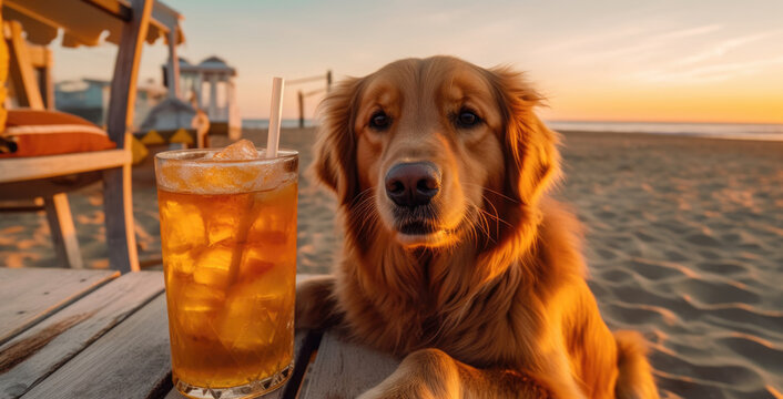 Golden retriever on the beach with a fruit puch poses in front of the camera, concept of vacation, sort trip, holidays and recreation