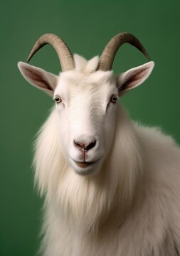 portrait of young mountain goat on a green background, studio shots, an illustration of domesticated animals