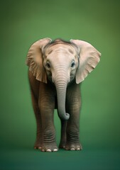 Fototapeta na wymiar Portrait of young elephant on green background.