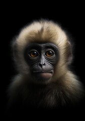 Portrait of young gibbon baby on a dark background, an illustration of adorable wild animals