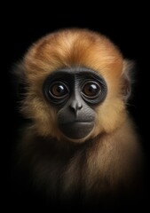 Obraz premium Portrait of young gibbon baby on a dark background. an illustration of adorable wild animals