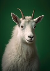 portrait of young mountain goat on a green background, studio shots, an illustration of domesticated animals