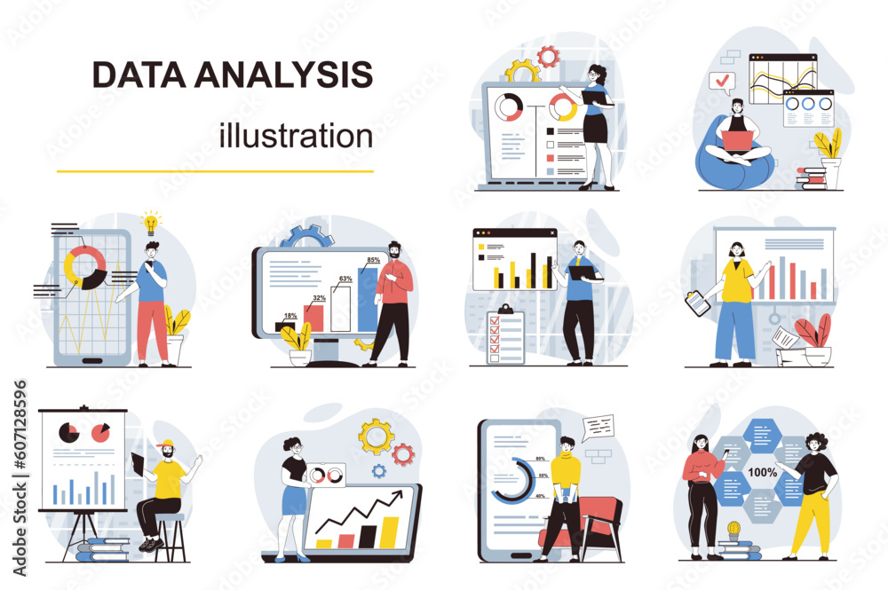 Aufkleber Data analysis concept with character situations mega set. Bundle of scenes people working with statistics and datum charts, making reports on presentation. Vector illustrations in flat web design