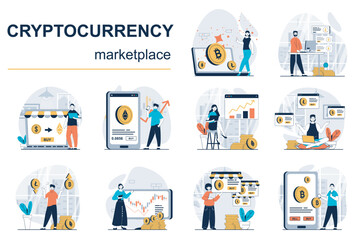 Cryptocurrency marketplace concept with character situations mega set. Bundle of scenes people analysing financial trends on exchange, buy or sell bitcoins. Vector illustrations in flat web design