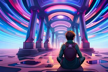 Young boy meditating in a futuristic temple. Generative AI.
