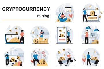Cryptocurrency mining concept with character situations mega set. Bundle of scenes people analysing financial trends, mining bitcoins and other crypto coins. Vector illustrations in flat web design