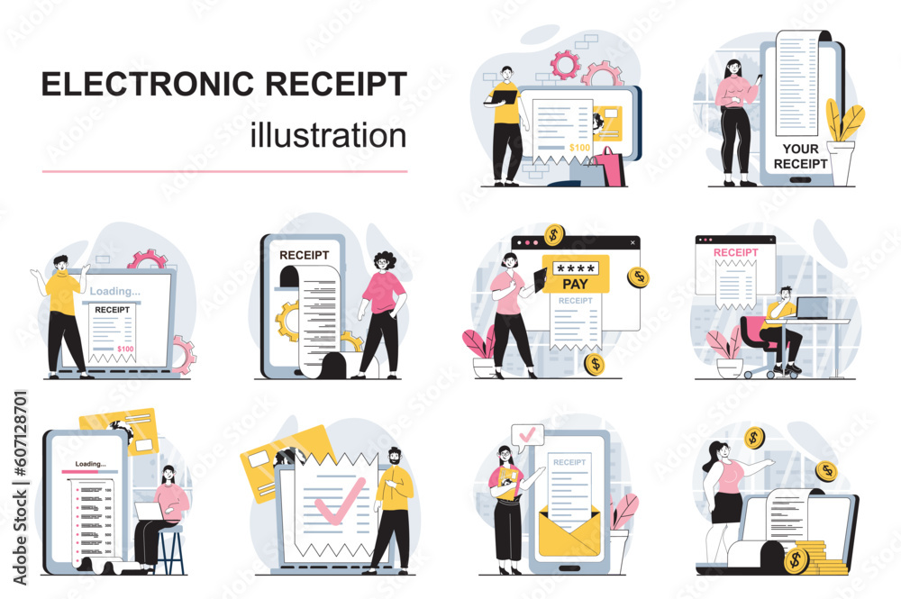Poster electronic receipt concept with character situations mega set. bundle of scenes people receiving dig
