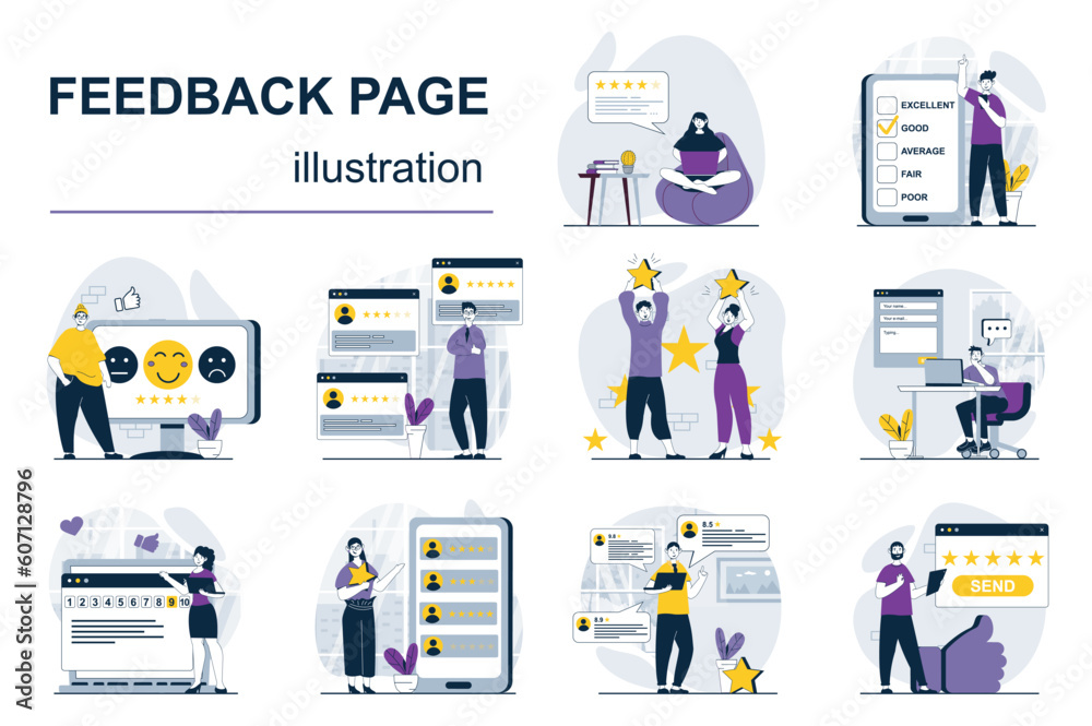 Aufkleber Feedback page concept with character situations mega set. Bundle of scenes people leaving comments with customer experience review, rating and evaluate online. Vector illustrations in flat web design