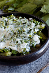 Cooked lovage with Bechamel sauce. Cooked fresh organic green vegetables.