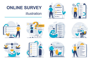 Online survey concept with character situations mega set. Bundle of scenes people giving feedback and answering in questionnaire, gilling survey list form. Vector illustrations in flat web design - obrazy, fototapety, plakaty
