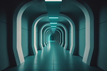 Fototapeta premium Futuristic underground corridor with colorful lights Generative AI