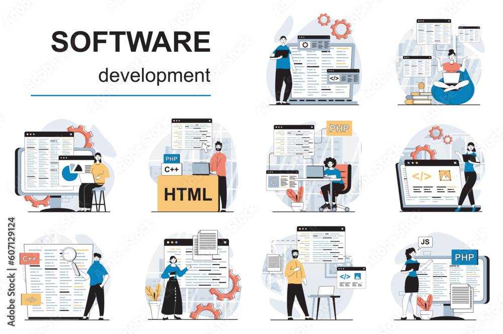 Fototapete Software development concept with character situations mega set. Bundle of scenes people coding and testing program code, creating apps, working on computer. Vector illustrations in flat web design