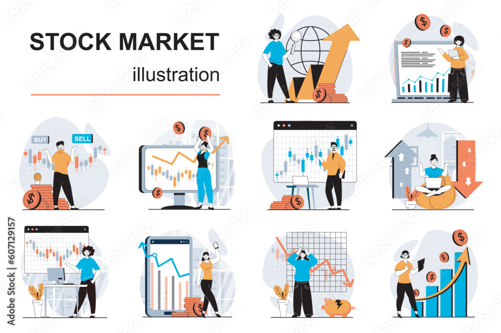 Aufkleber stock market concept with character situations mega set. bundle of scenes people analyzing market tr