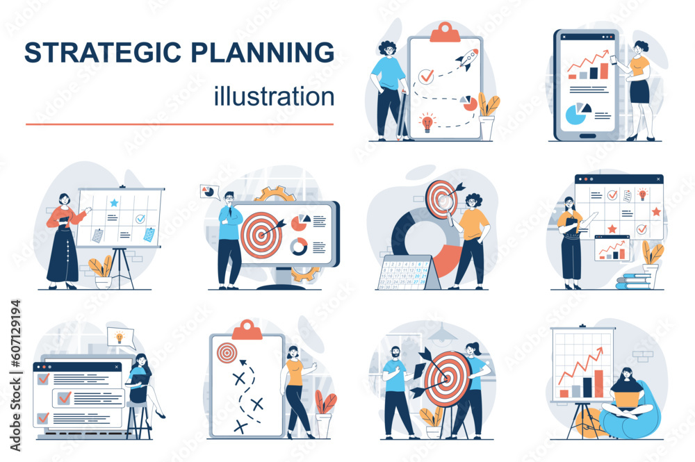 Poster Strategic planning concept with character situations mega set. Bundle of scenes people analyze data statistics, create development plan, improving strategy. Vector illustrations in flat web design