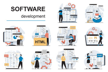 Software development concept with character situations mega set. Bundle of scenes people coding and testing program code, creating apps, working on computer. Vector illustrations in flat web design