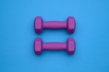 The layout of two rubberized dumbbells of 2 kg of purple color on a blue background, top view.Sports training