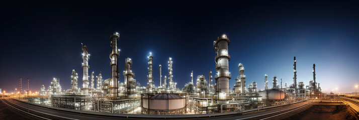 Fototapeta premium Industrial Oil and Gas Refinery Complex: Petrochemical Plant Twilight Aerial View. Engineering Technology Pipeline Infrastructure. Night Industrial Factory Construction for Power Energy. generative ai
