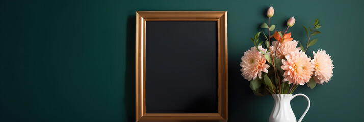 Wooden Frame Mockup on Dark Paneled Wall Shelf: Vertical Blank Photo Poster with Copy Space, vase with fresh spring flowers bouquet decoration. Home Office desk. Banner. generative ai	