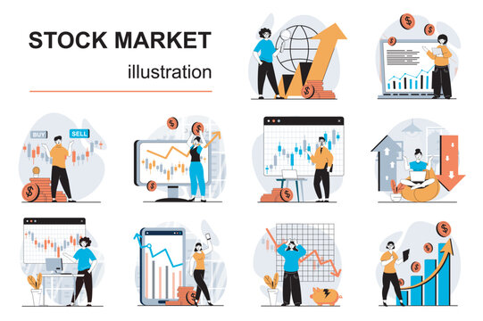 Stock market concept with character situations mega set. Bundle of scenes people analyzing market trends, research financial data, success trading on exchange. Vector illustrations in flat web design