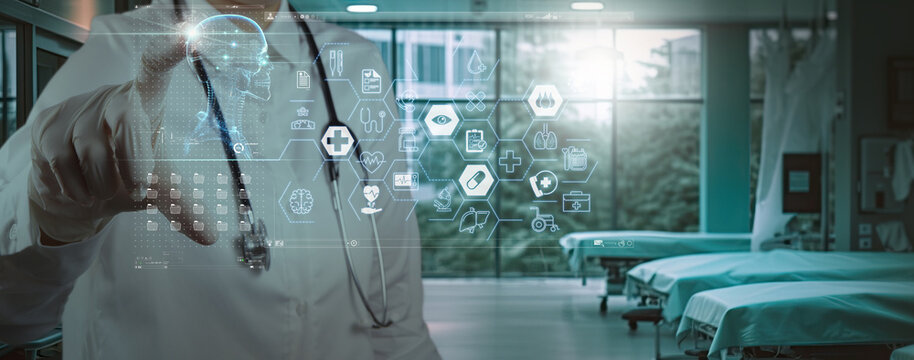 Global health care. Medical technology. Doctor diagnose digital patient record on virtual medical network on Computing electronic medical record. Digital healthcare and network connection interface,