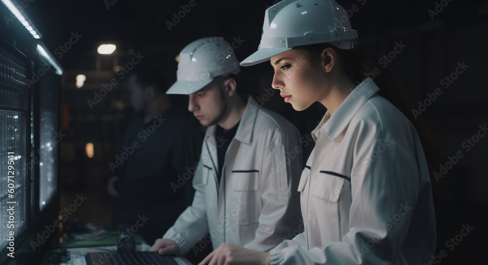 Wall mural maintenance engineers workers men and women inspect digital systems. work at modern heavy industry m