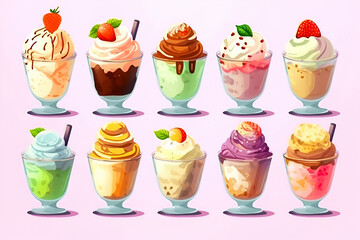 Illustration of colorful ice cream with berries and mint leaves in glass cups. Generative AI