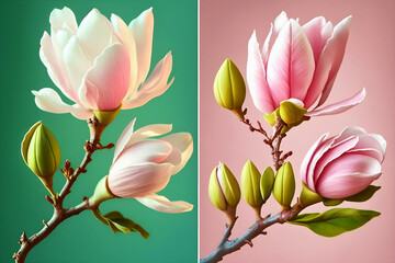 Set of two beautiful tender pink magnolias. Spring and summer, love and romance. Generative AI, illustration