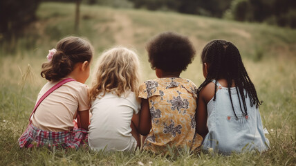 Happy kids playing outside and having fun together in summertime, a group of joyful friends sitting in green park and hugging each other. Children and friendship concept. generative ai