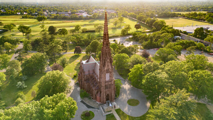 Aerial view of historic landmark Cathedral of the Incarnation in Garden City, Long Island, New York, - 607131585