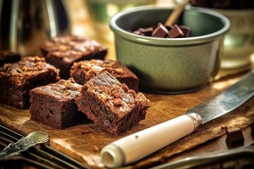 make brownies with almond topping slice and stuff food photography - obrazy, fototapety, plakaty