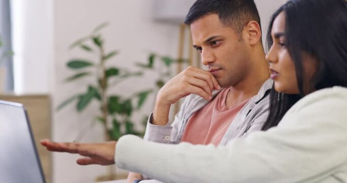 Couple on sofa with laptop, planning and travel location choice on website post to relax on holiday. Love, man or woman on internet search, online vacation deal and couch web surfing in living room.