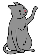 Grey cat with heart-shape nose sitting and raising a paw