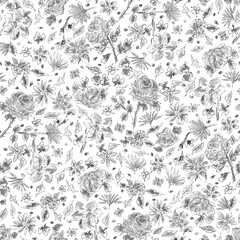 Vintage seamless pattern with roses and wildflowers 