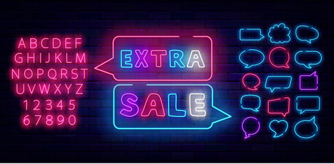 Extra Sale neon label. Special offer emblem. Marketing label. Colorful handwritten text. Vector stock illustration