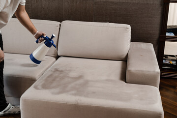 Process of dry cleaning for removing stains and dirt from couch at home. Professional cleaning...