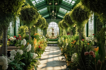 Greenhouse of green plants and flowers. Generative AI