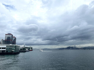 sea view, city skyline in Hong Kong during cloudy day