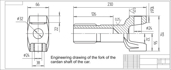 Vector engineering drawing of the fork of the 
cardan shaft of the car. 
Cad scheme. Design documentation.
Mechanical background.