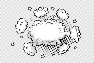 Retro monochrome pop art frame. Background with smoke clouds wind and halftone. Funny shapes in comic stylewith balloon. Cartoon bomb explosion. Sky air banner. Vector illustration - obrazy, fototapety, plakaty