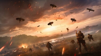 Visualize a thrilling airborne assault, with paratroopers descending from the sky, aircraft soaring overhead, and a chaotic battlefield unfolding below - obrazy, fototapety, plakaty