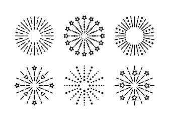 Obraz premium Burst stars, sparks and salute. Firework icon. Linear sparkle explosion set in six items. Happy new year shiny symbol. Vector illustration. Outline birthday party elements.