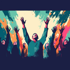 hands raised worship singing looking flat vector illustration - obrazy, fototapety, plakaty